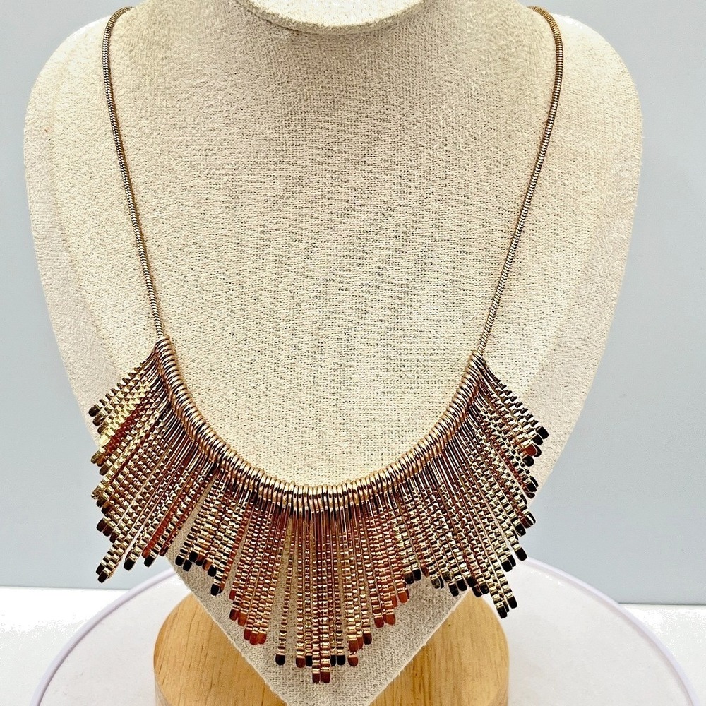 Vintage Style Gold Tone Fringe Bib Necklace, Textured Bar Drop Statement Jewelry